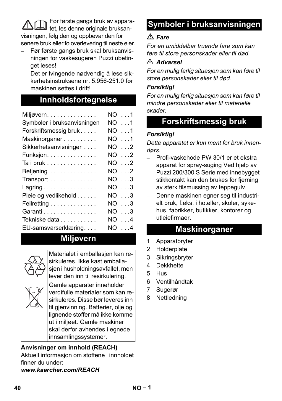 Norsk, Innholdsfortegnelse, Miljøvern | Symboler i bruksanvisningen, Forskriftsmessig bruk, Maskinorganer | Karcher PW 30-1 User Manual | Page 40 / 128
