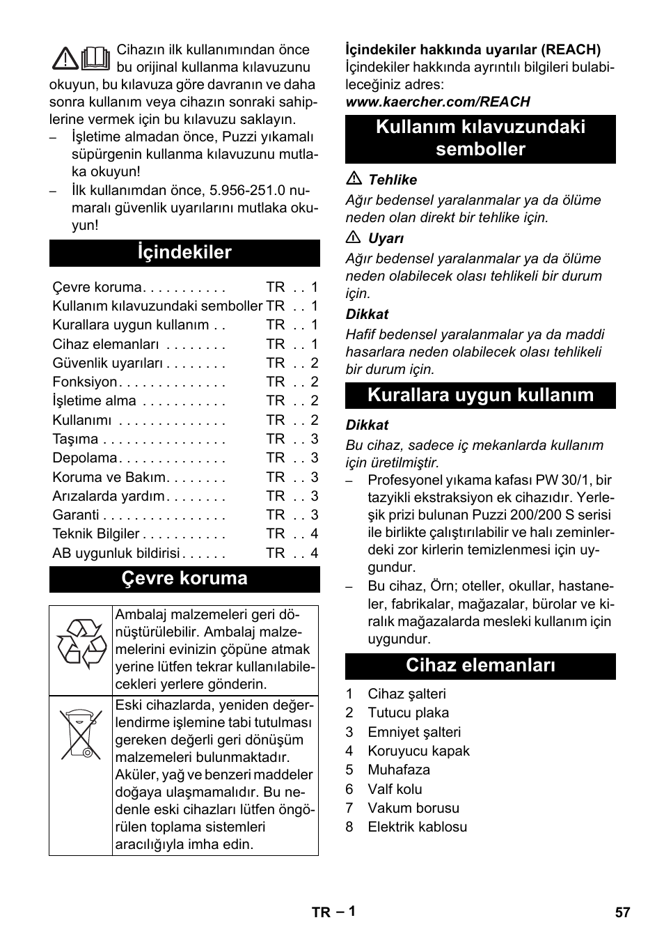 Türkçe, Içindekiler, Çevre koruma | Kullanım kılavuzundaki semboller, Kurallara uygun kullanım, Cihaz elemanları | Karcher PW 30-1 User Manual | Page 57 / 128