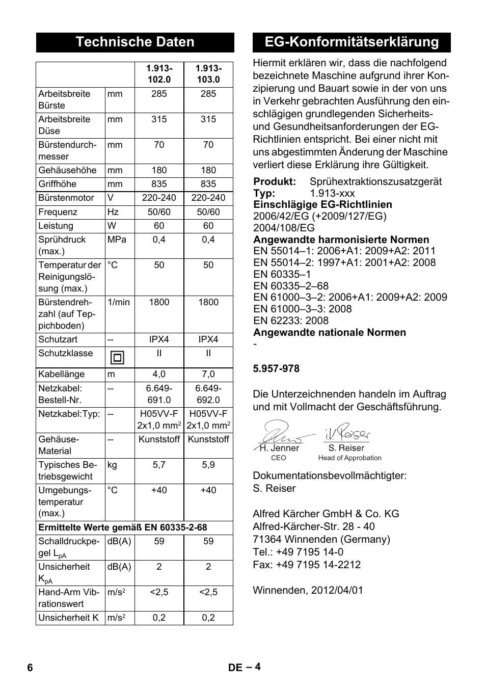 Technische daten, Eg-konformitätserklärung | Karcher PW 30-1 User Manual | Page 6 / 128