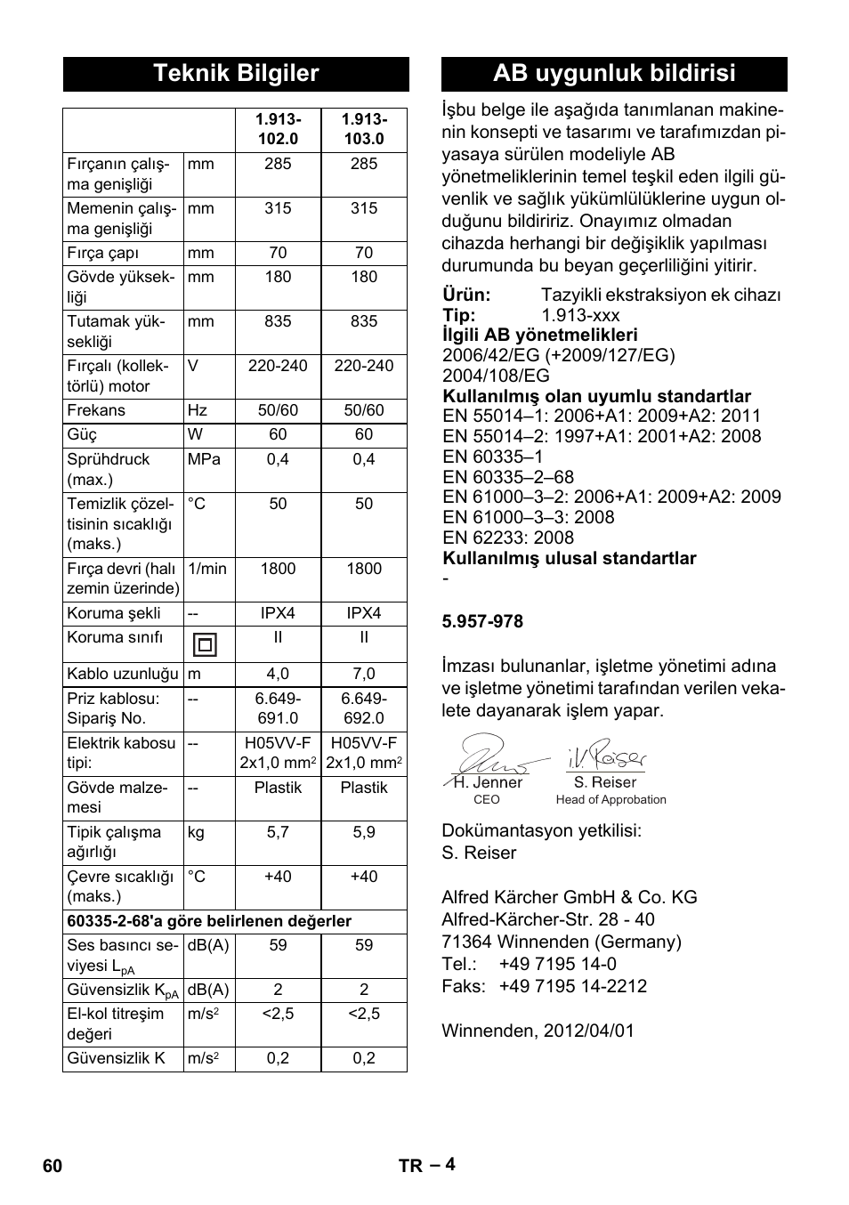 Teknik bilgiler, Ab uygunluk bildirisi | Karcher PW 30-1 User Manual | Page 60 / 128
