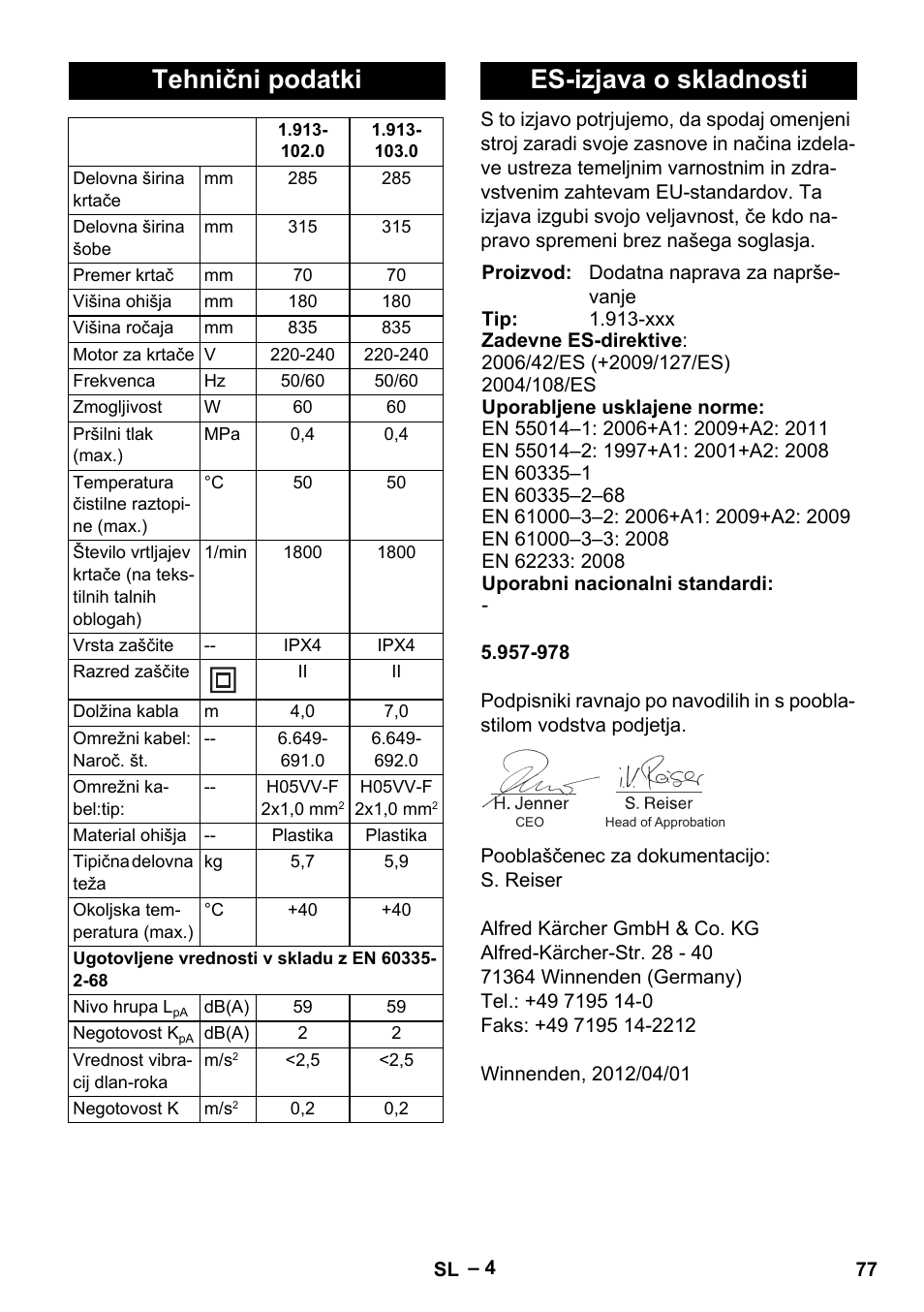 Tehnični podatki, Es-izjava o skladnosti | Karcher PW 30-1 User Manual | Page 77 / 128