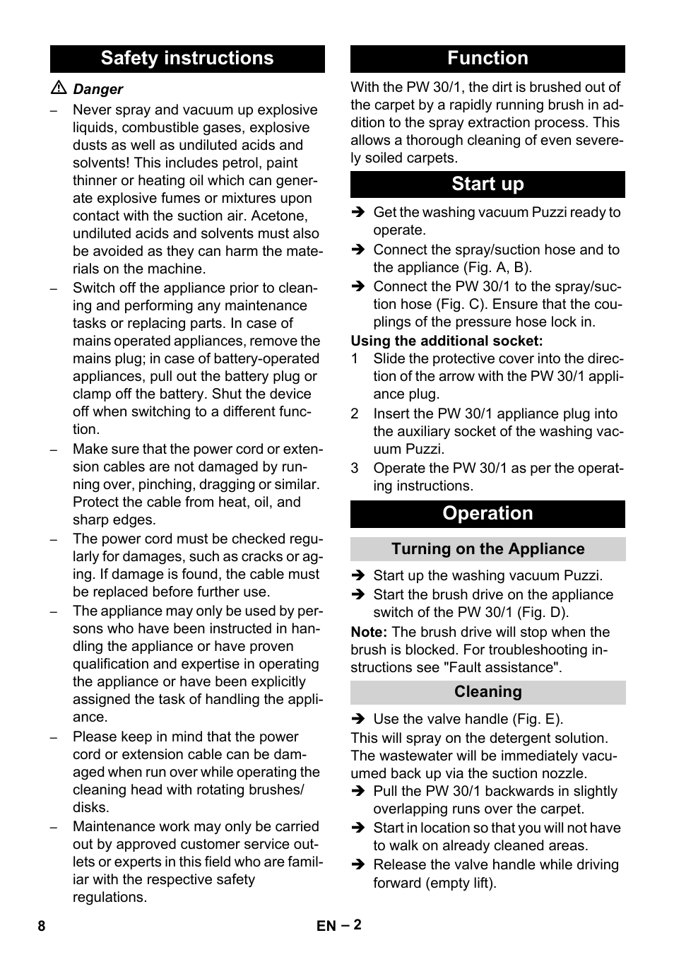 Safety instructions, Function, Start up | Operation, Turning on the appliance, Cleaning, Safety instructions function start up operation | Karcher PW 30-1 User Manual | Page 8 / 128