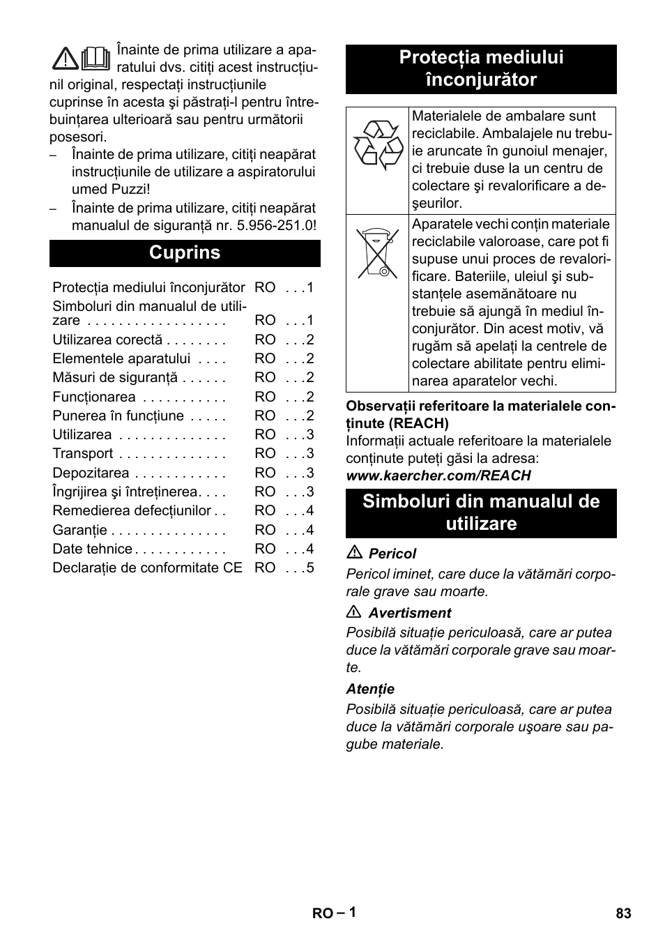 Româneşte, Cuprins, Protecţia mediului înconjurător | Simboluri din manualul de utilizare | Karcher PW 30-1 User Manual | Page 83 / 128