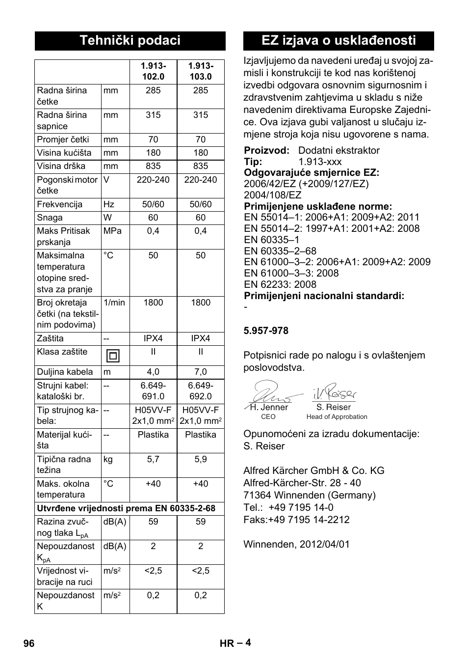 Tehnički podaci, Ez izjava o usklađenosti | Karcher PW 30-1 User Manual | Page 96 / 128