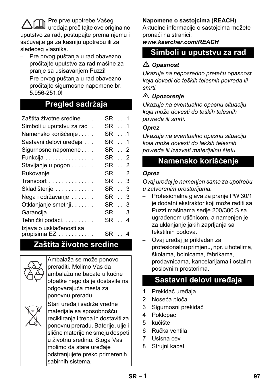 Srpski, Pregled sadržaja, Zaštita životne sredine | Simboli u uputstvu za rad, Namensko korišćenje, Sastavni delovi uređaja | Karcher PW 30-1 User Manual | Page 97 / 128