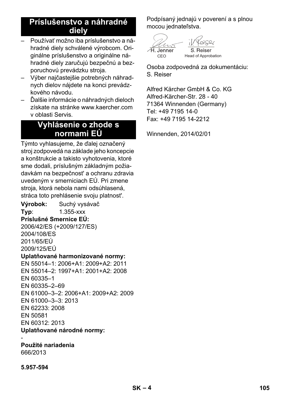 Príslušenstvo a náhradné diely, Vyhlásenie o zhode s normami eú | Karcher T 12-1 User Manual | Page 105 / 148