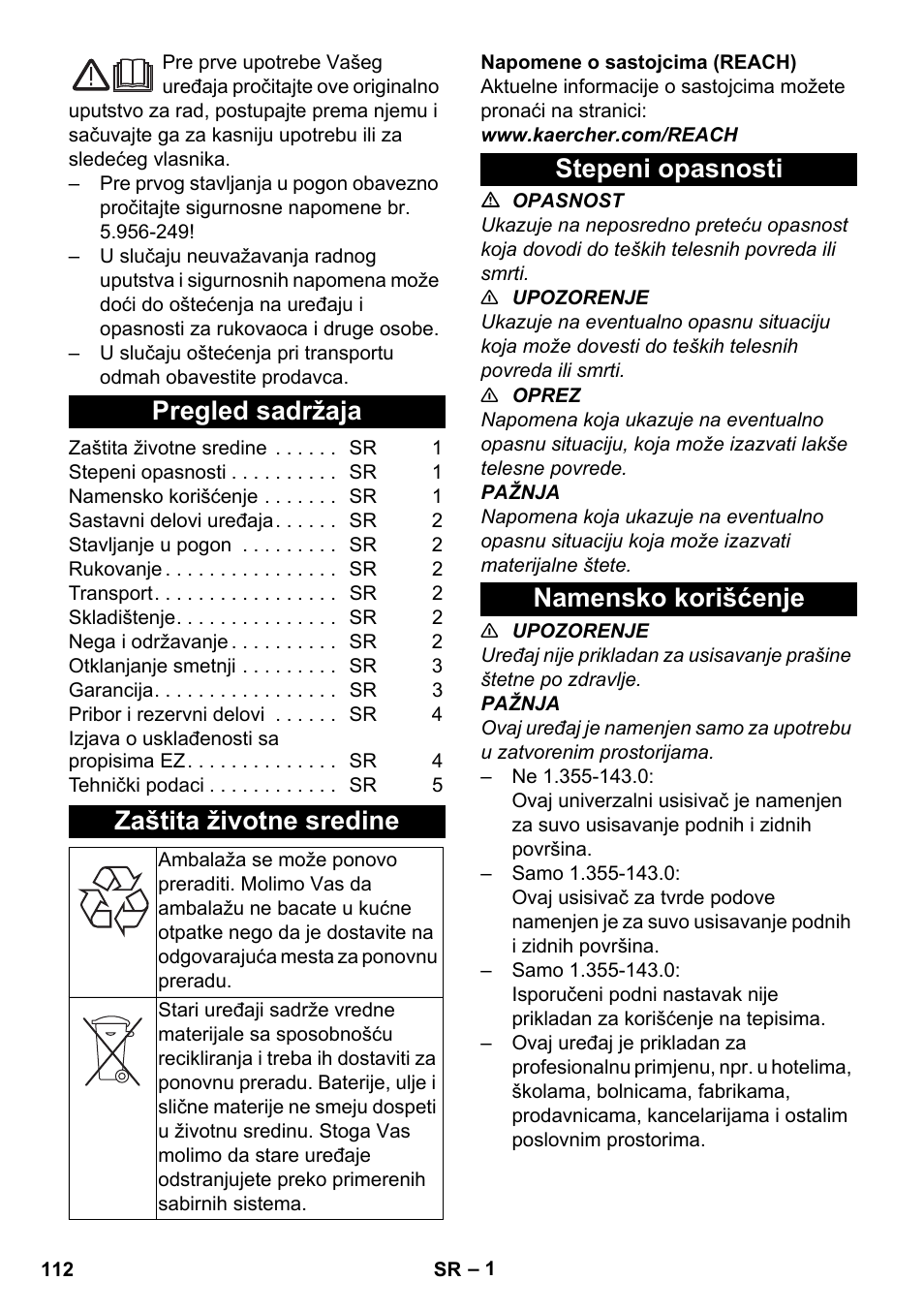 Srpski, Pregled sadržaja, Zaštita životne sredine | Stepeni opasnosti, Namensko korišćenje, Stepeni opasnosti namensko korišćenje | Karcher T 12-1 User Manual | Page 112 / 148