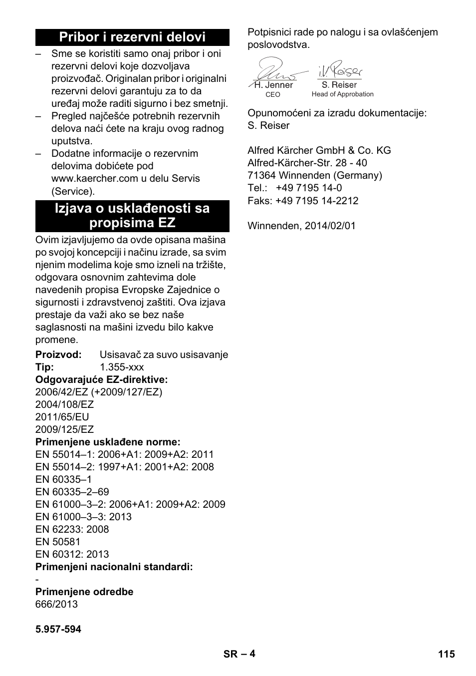 Pribor i rezervni delovi, Izjava o usklađenosti sa propisima ez | Karcher T 12-1 User Manual | Page 115 / 148