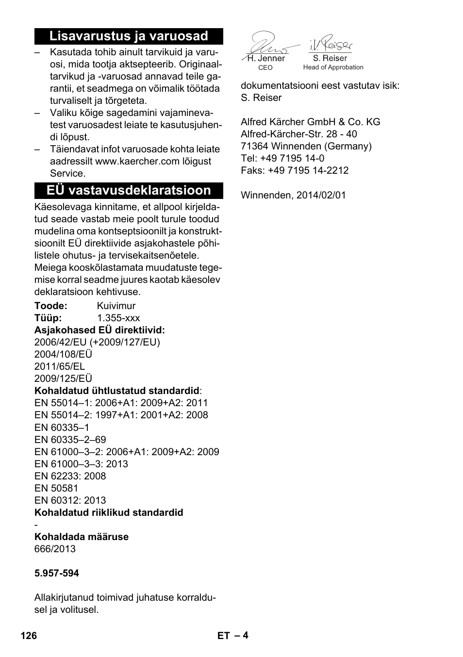 Lisavarustus ja varuosad, Eü vastavusdeklaratsioon, Lisavarustus ja varuosad eü vastavusdeklaratsioon | Karcher T 12-1 User Manual | Page 126 / 148