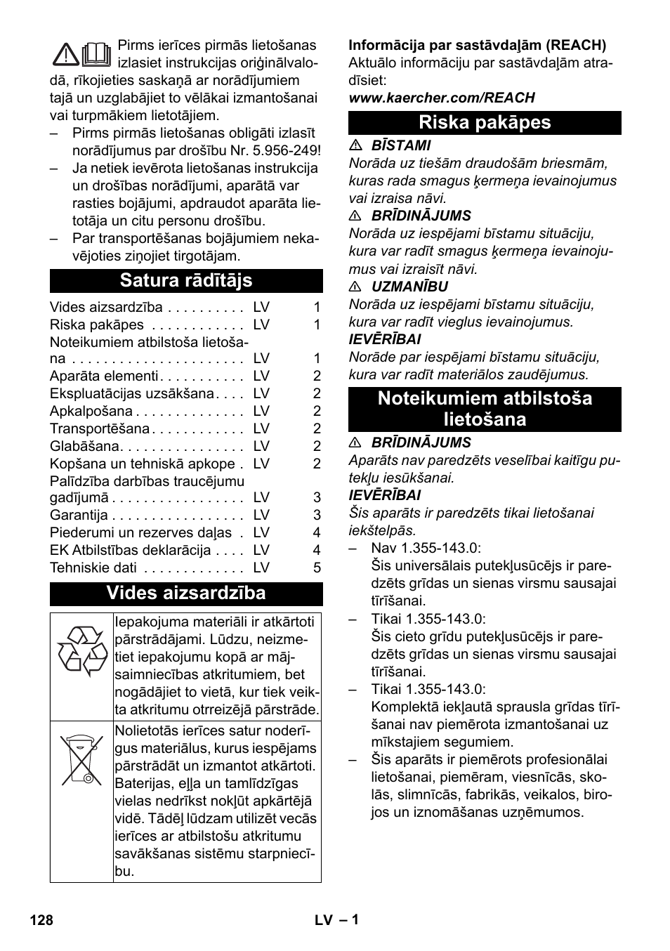 Latviešu, Satura rādītājs, Vides aizsardzība | Riska pakāpes, Noteikumiem atbilstoša lietošana | Karcher T 12-1 User Manual | Page 128 / 148