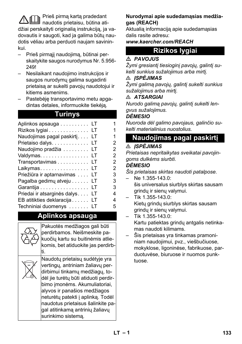 Lietuviškai, Turinys, Aplinkos apsauga | Rizikos lygiai, Naudojimas pagal paskirtį, Rizikos lygiai naudojimas pagal paskirtį | Karcher T 12-1 User Manual | Page 133 / 148