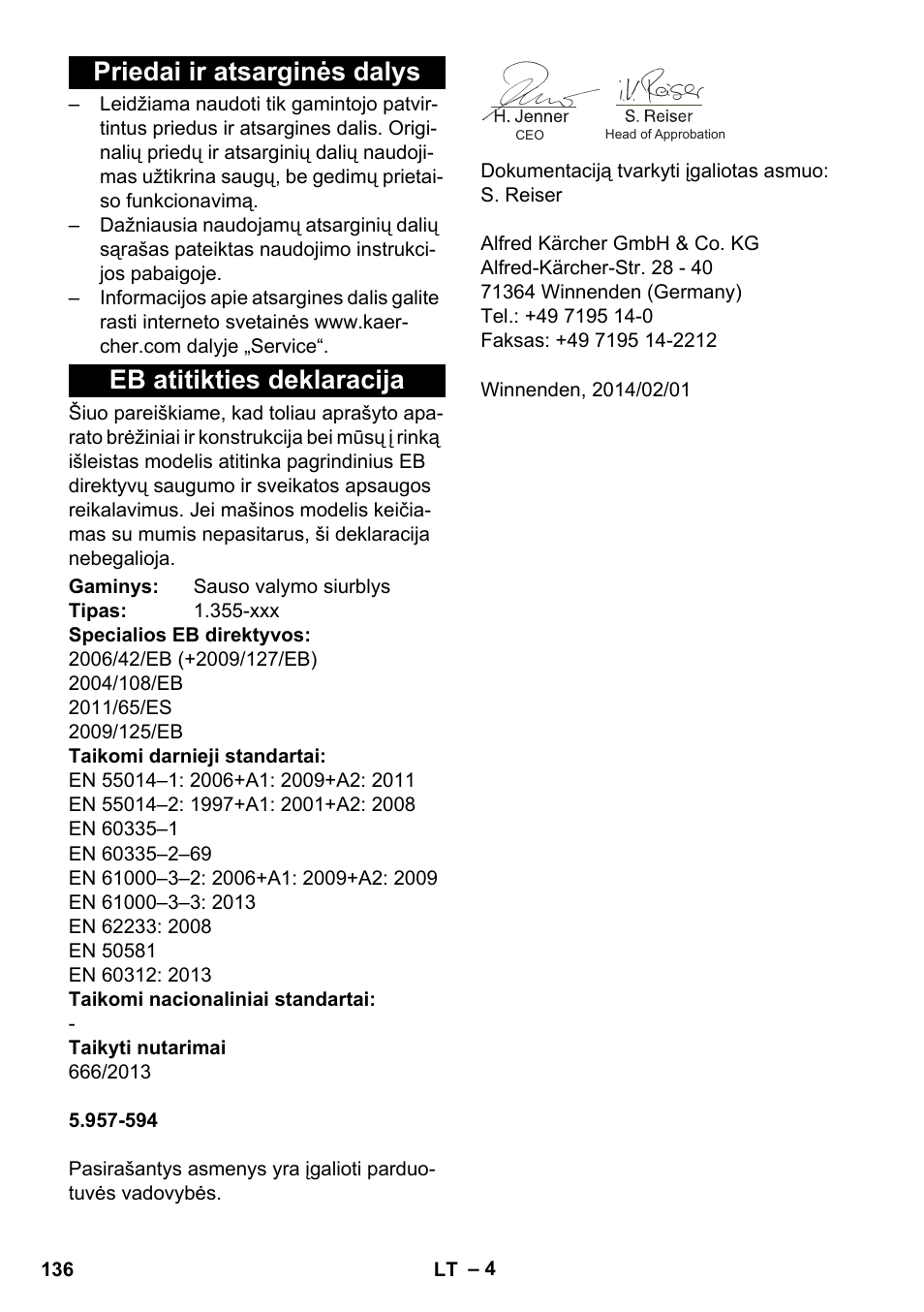 Priedai ir atsarginės dalys, Eb atitikties deklaracija | Karcher T 12-1 User Manual | Page 136 / 148