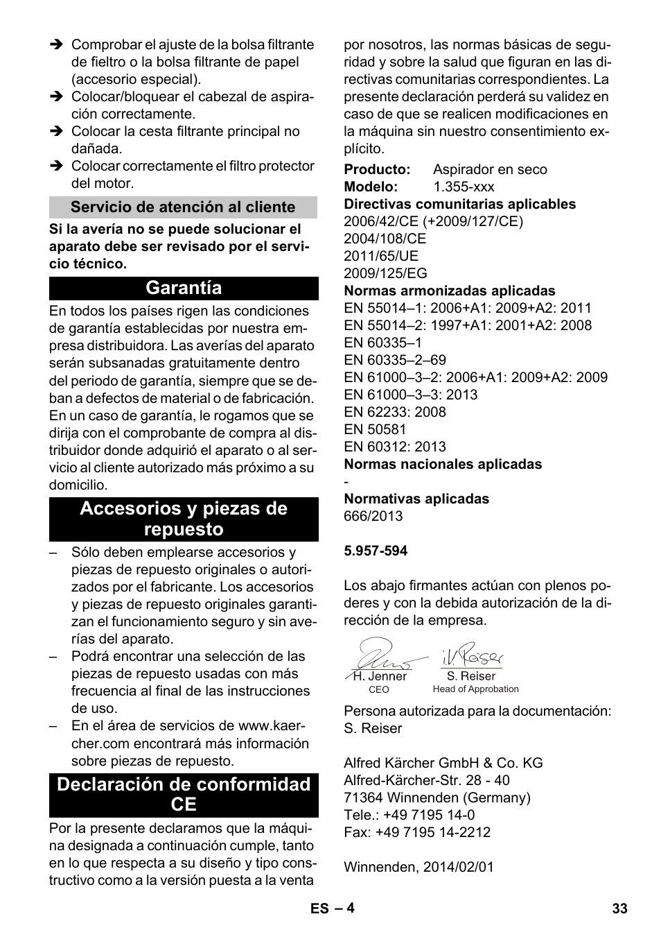 Servicio de atención al cliente, Garantía, Accesorios y piezas de repuesto | Declaración de conformidad ce | Karcher T 12-1 User Manual | Page 33 / 148