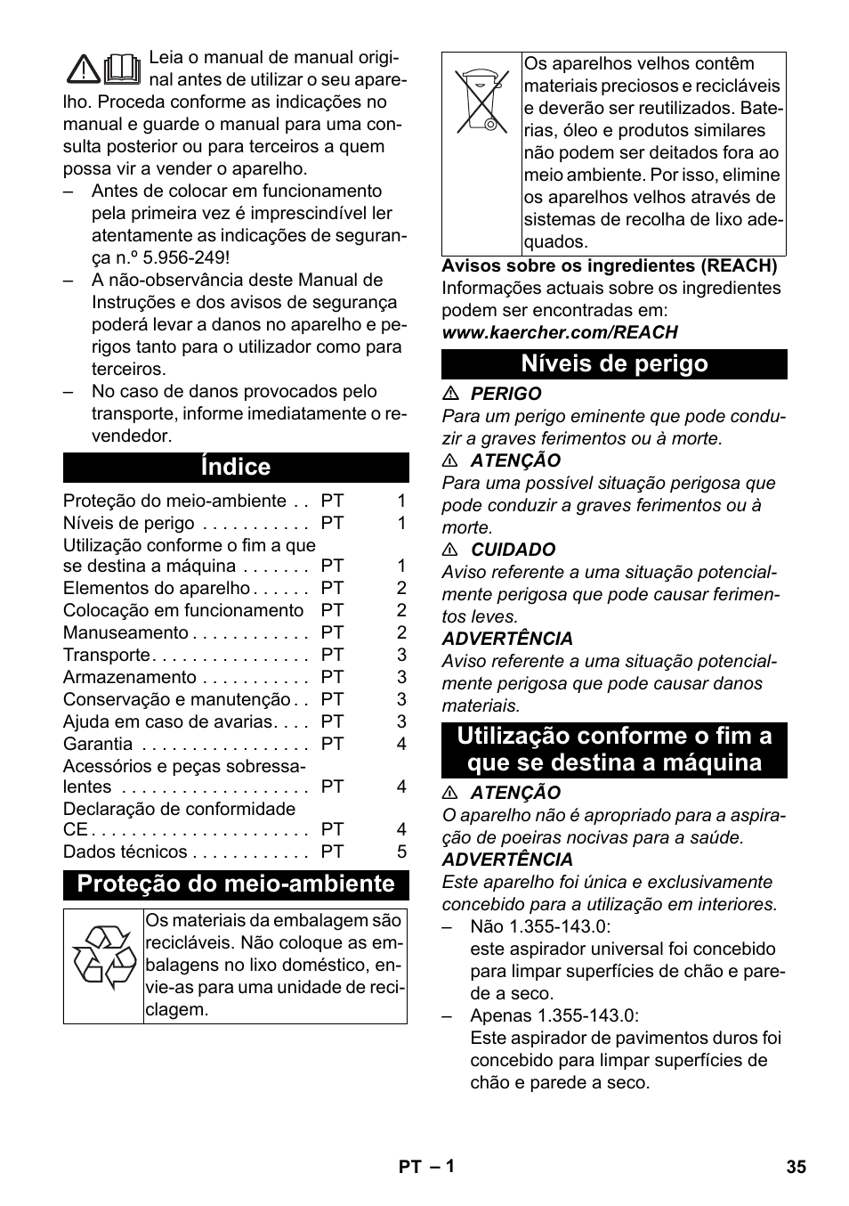 Português, Índice, Proteção do meio-ambiente | Níveis de perigo | Karcher T 12-1 User Manual | Page 35 / 148