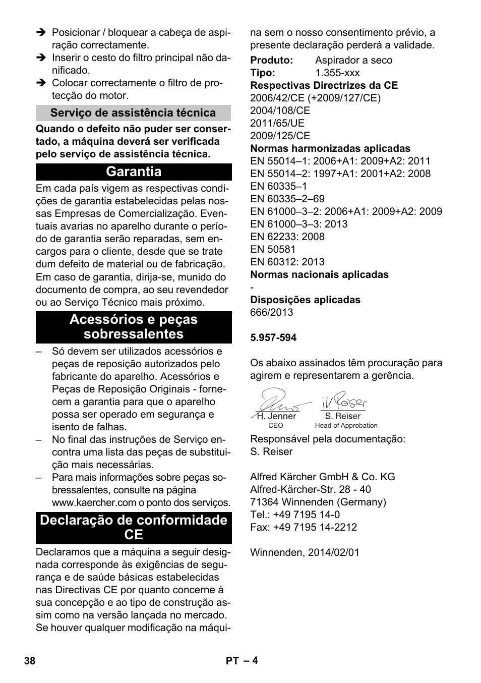 Serviço de assistência técnica, Garantia, Acessórios e peças sobressalentes | Declaração de conformidade ce | Karcher T 12-1 User Manual | Page 38 / 148