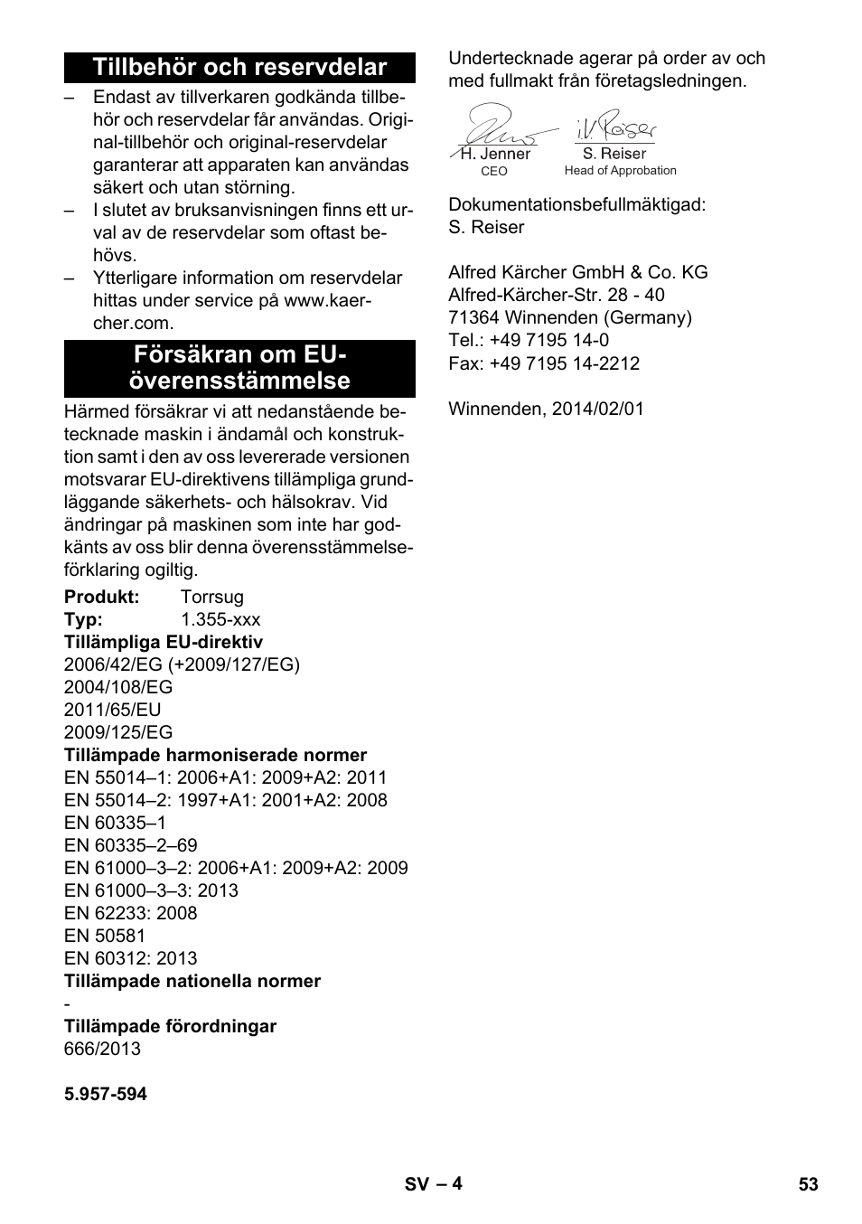 Tillbehör och reservdelar, Försäkran om eu- överensstämmelse | Karcher T 12-1 User Manual | Page 53 / 148