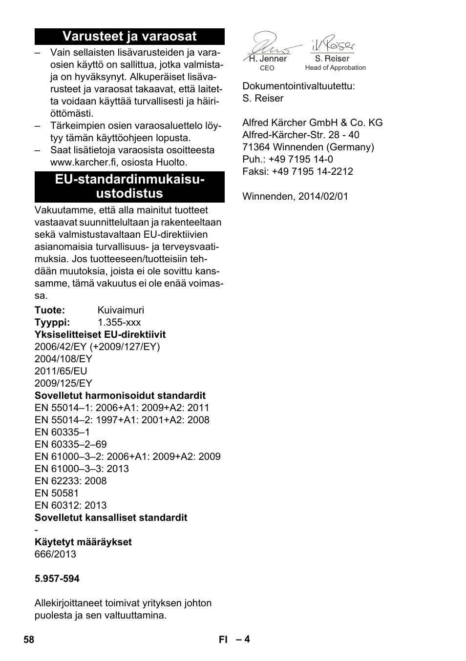 Varusteet ja varaosat, Eu-standardinmukaisu- ustodistus | Karcher T 12-1 User Manual | Page 58 / 148