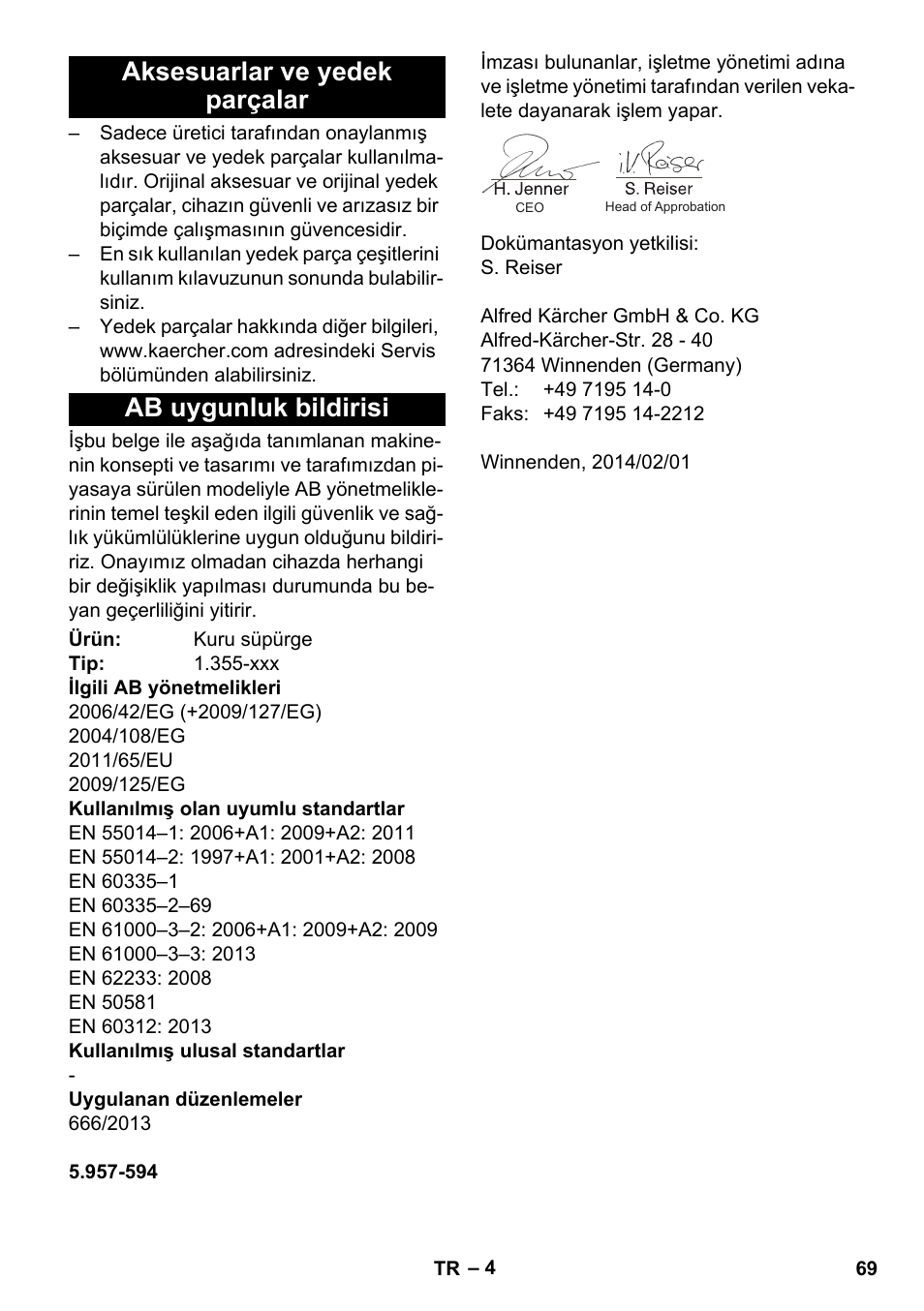 Aksesuarlar ve yedek parçalar, Ab uygunluk bildirisi | Karcher T 12-1 User Manual | Page 69 / 148