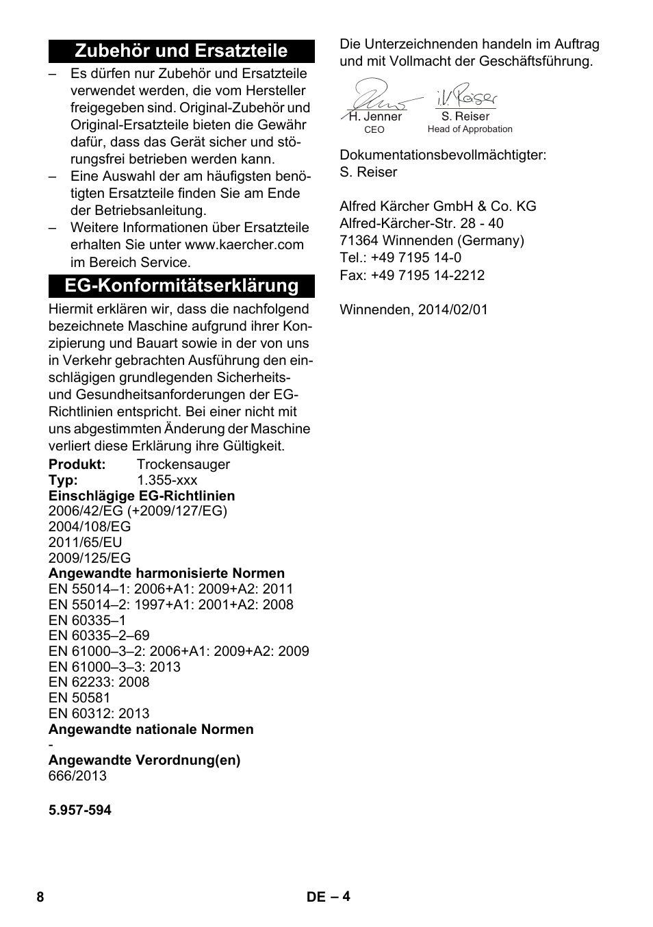 Zubehör und ersatzteile, Eg-konformitätserklärung, Zubehör und ersatzteile eg-konformitätserklärung | Karcher T 12-1 User Manual | Page 8 / 148