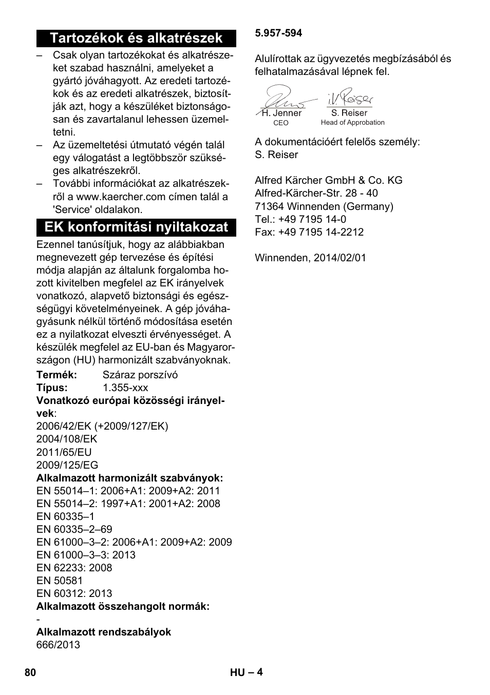 Tartozékok és alkatrészek, Ek konformitási nyiltakozat | Karcher T 12-1 User Manual | Page 80 / 148