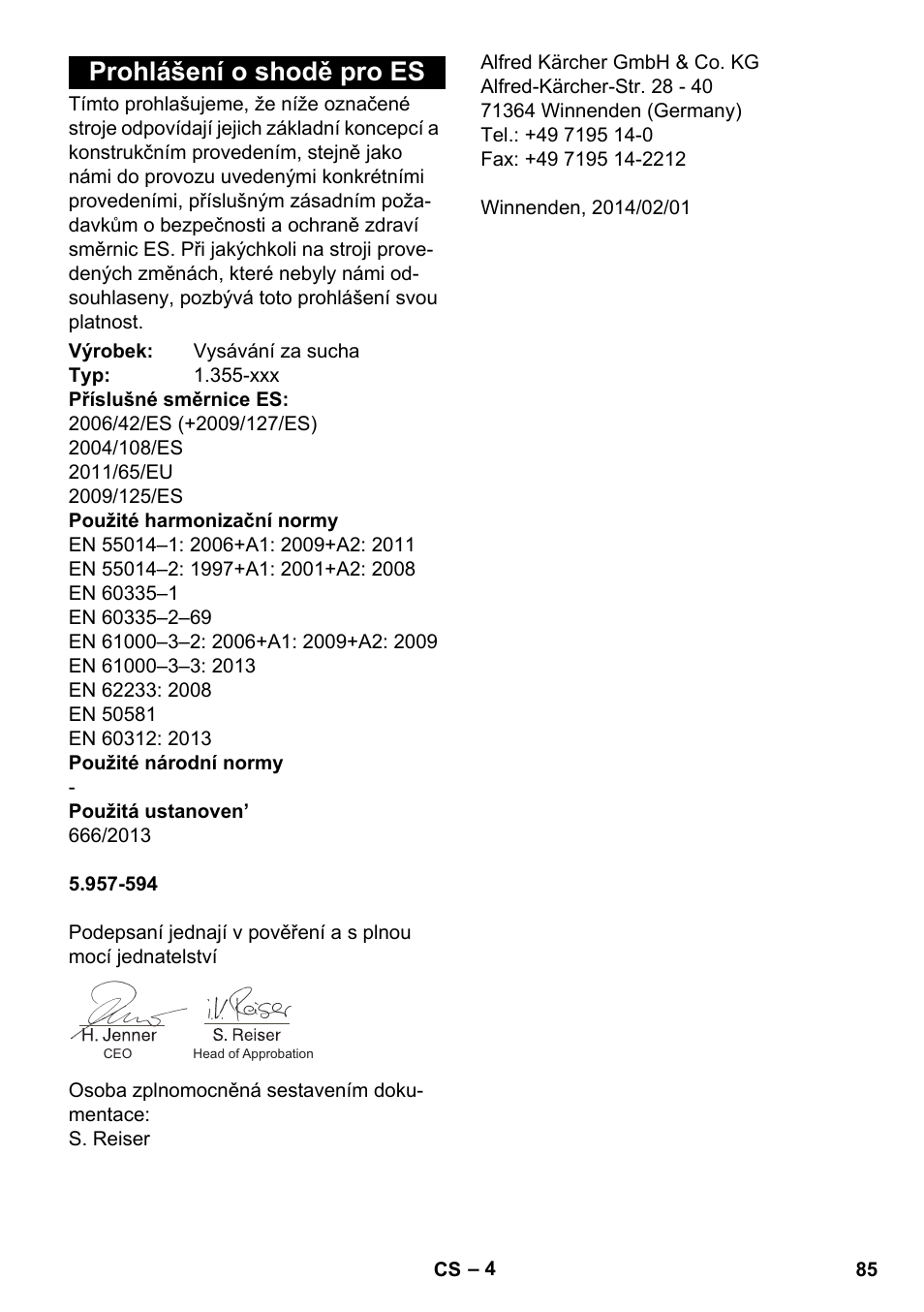 Prohlášení o shodě pro es | Karcher T 12-1 User Manual | Page 85 / 148