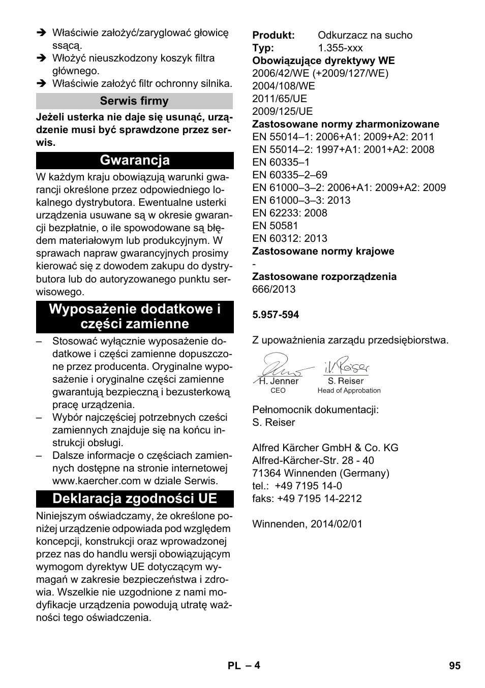 Serwis firmy, Gwarancja, Wyposażenie dodatkowe i części zamienne | Deklaracja zgodności ue | Karcher T 12-1 User Manual | Page 95 / 148