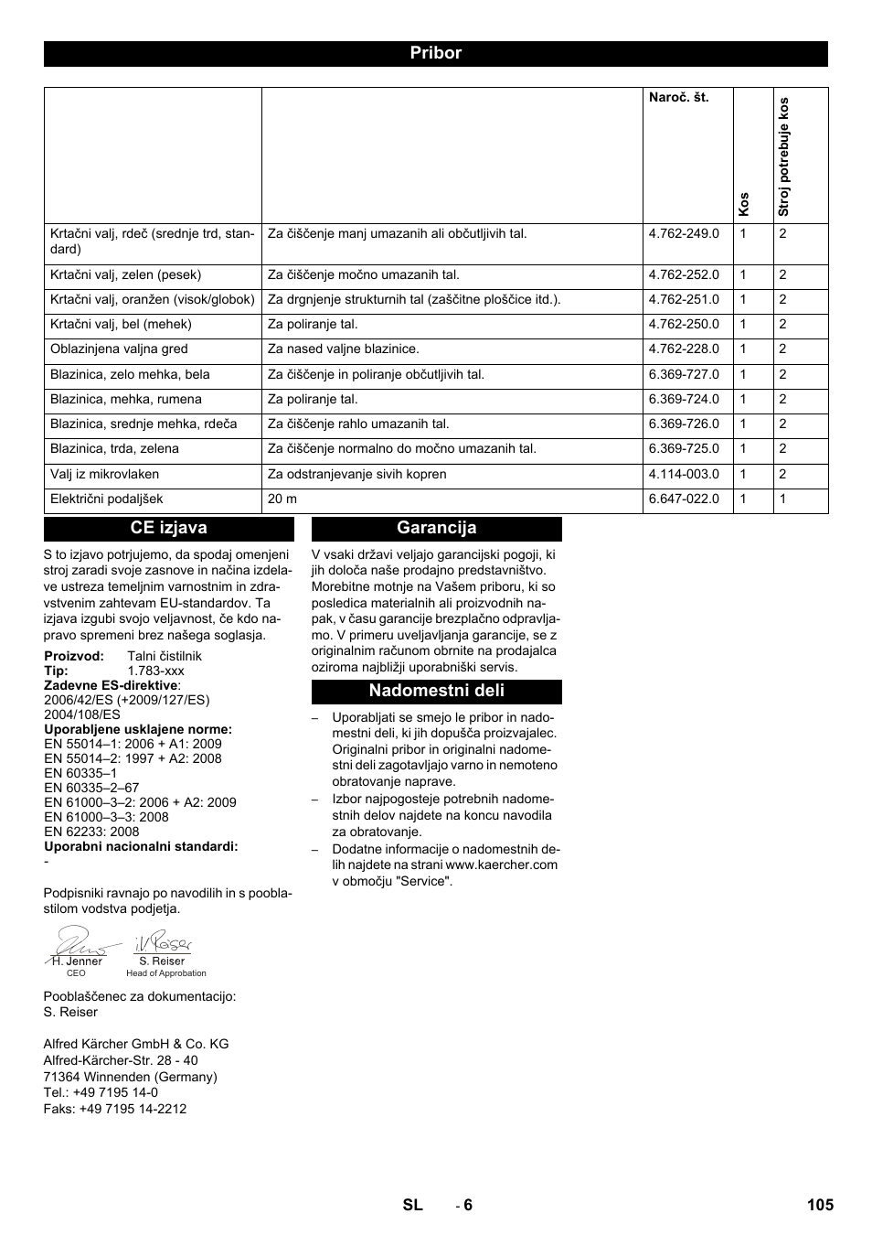 Pribor, Ce izjava, Garancija nadomestni deli | Karcher BRS 40-1000C EU User Manual | Page 105 / 168