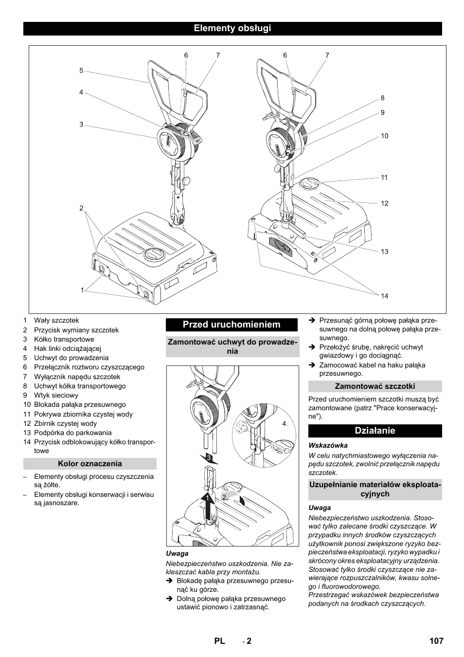 Elementy obsługi, Przed uruchomieniem, Działanie | Karcher BRS 40-1000C EU User Manual | Page 107 / 168