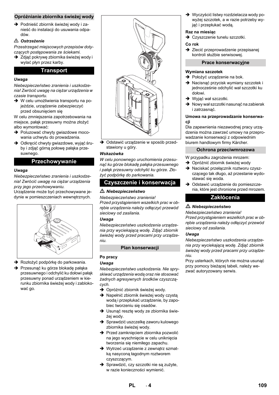 Transport przechowywanie czyszczenie i konserwacja, Zakłócenia | Karcher BRS 40-1000C EU User Manual | Page 109 / 168