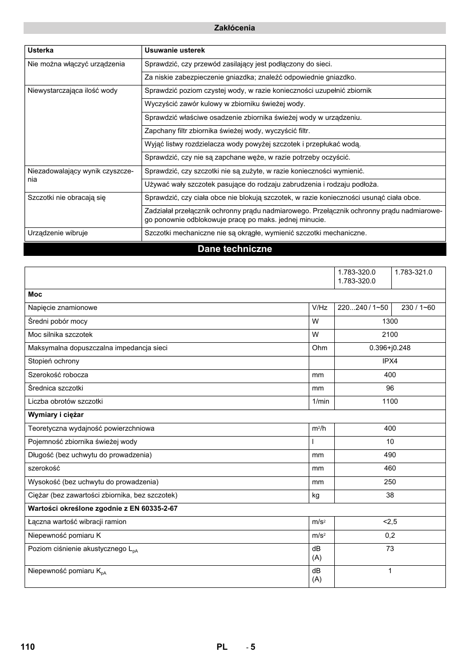 Dane techniczne | Karcher BRS 40-1000C EU User Manual | Page 110 / 168