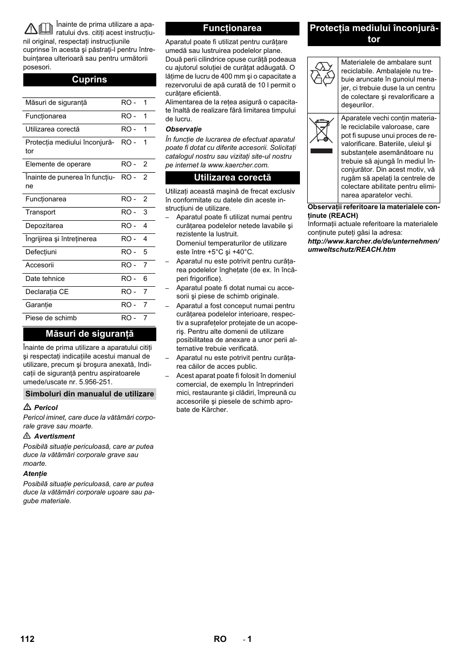 Româneşte, Românete, Cuprins | Măsuri de siguranţă | Karcher BRS 40-1000C EU User Manual | Page 112 / 168