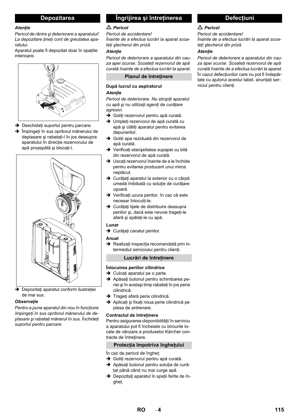 Depozitarea îngrijirea şi întreţinerea, Defecţiuni | Karcher BRS 40-1000C EU User Manual | Page 115 / 168