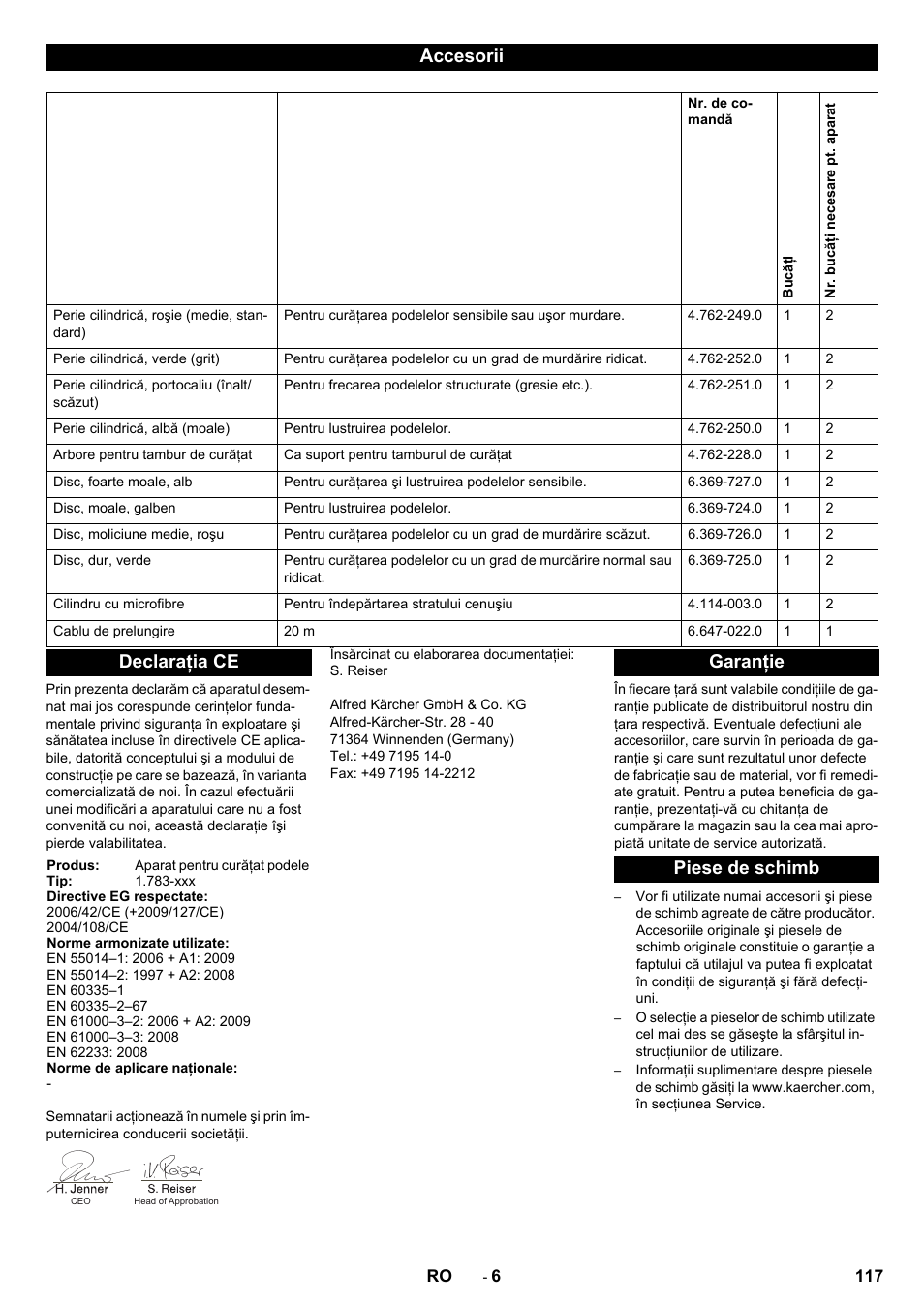 Accesorii, Declaraţia ce, Garanţie piese de schimb | Karcher BRS 40-1000C EU User Manual | Page 117 / 168