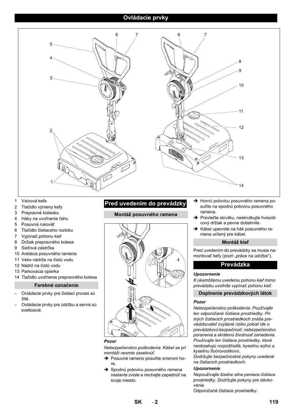 Ovládacie prvky, Pred uvedením do prevádzky, Prevádzka | Karcher BRS 40-1000C EU User Manual | Page 119 / 168