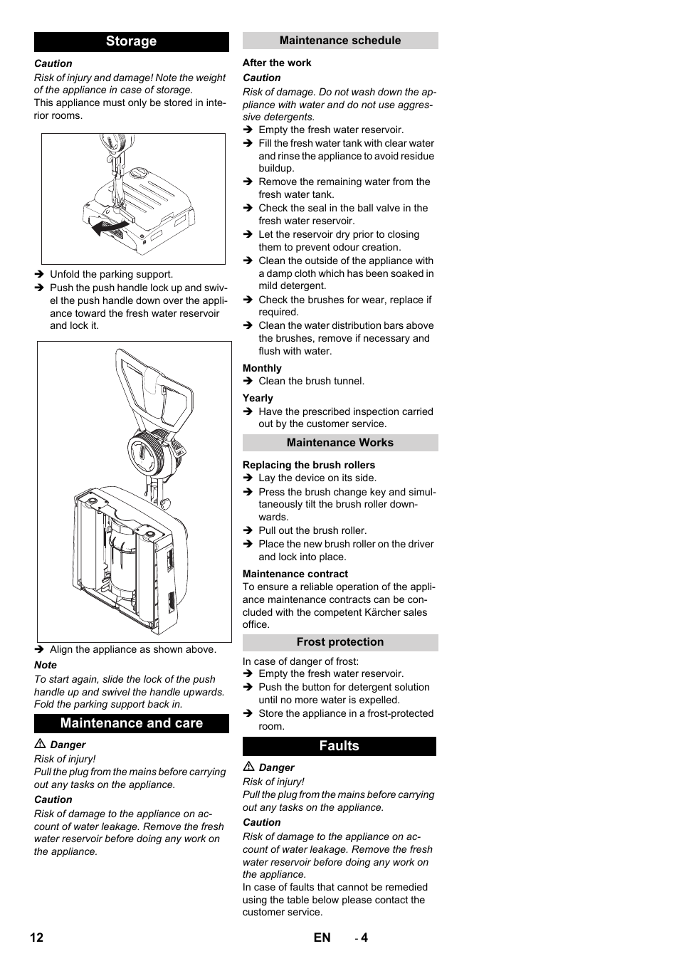 Storage maintenance and care, Faults | Karcher BRS 40-1000C EU User Manual | Page 12 / 168
