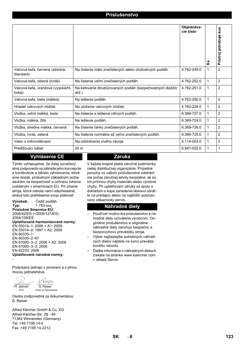 Príslušenstvo, Vyhlásenie ce, Záruka náhradné diely | Karcher BRS 40-1000C EU User Manual | Page 123 / 168