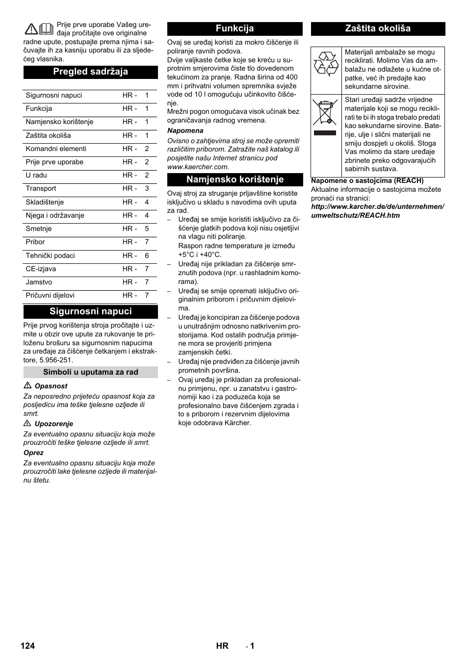 Hrvatski, Pregled sadržaja, Sigurnosni napuci | Funkcija namjensko korištenje zaštita okoliša | Karcher BRS 40-1000C EU User Manual | Page 124 / 168