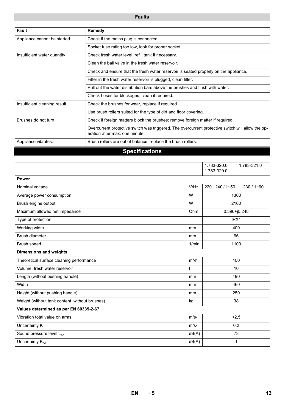 Specifications | Karcher BRS 40-1000C EU User Manual | Page 13 / 168