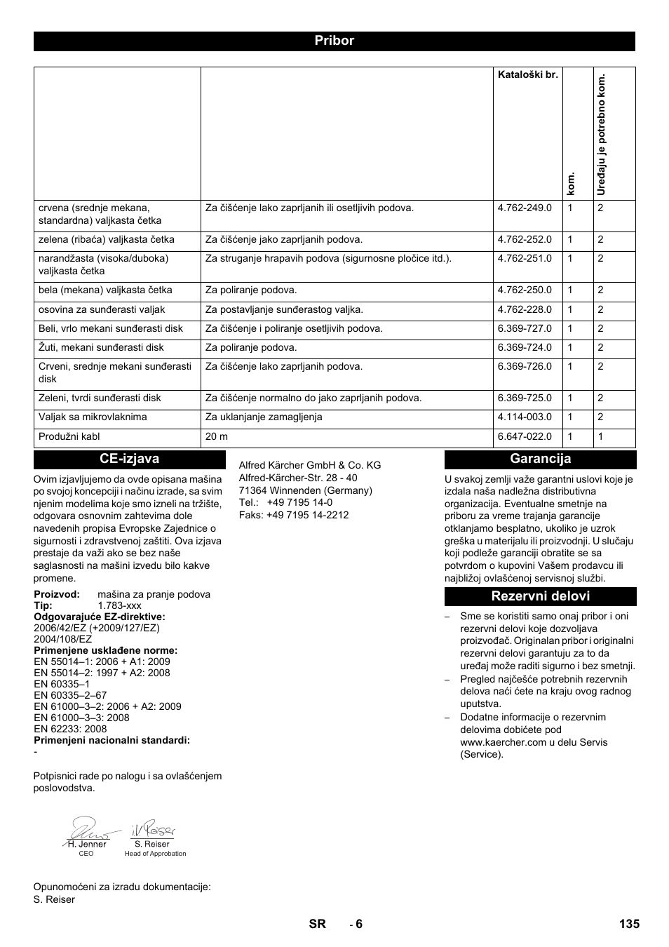 Pribor, Ce-izjava, Garancija rezervni delovi | Karcher BRS 40-1000C EU User Manual | Page 135 / 168