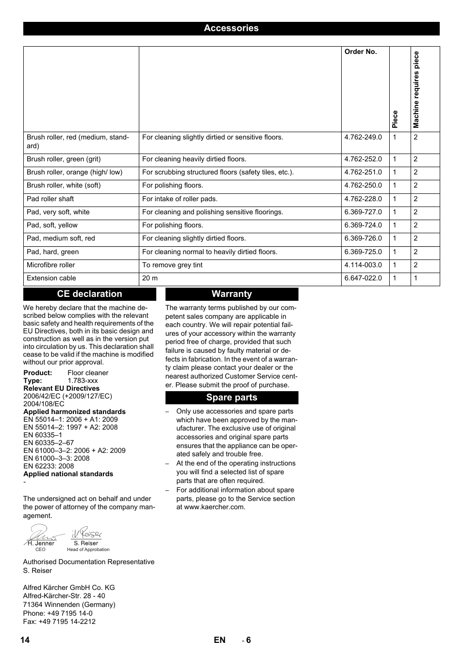 Accessories, Ce declaration, Warranty spare parts | Karcher BRS 40-1000C EU User Manual | Page 14 / 168