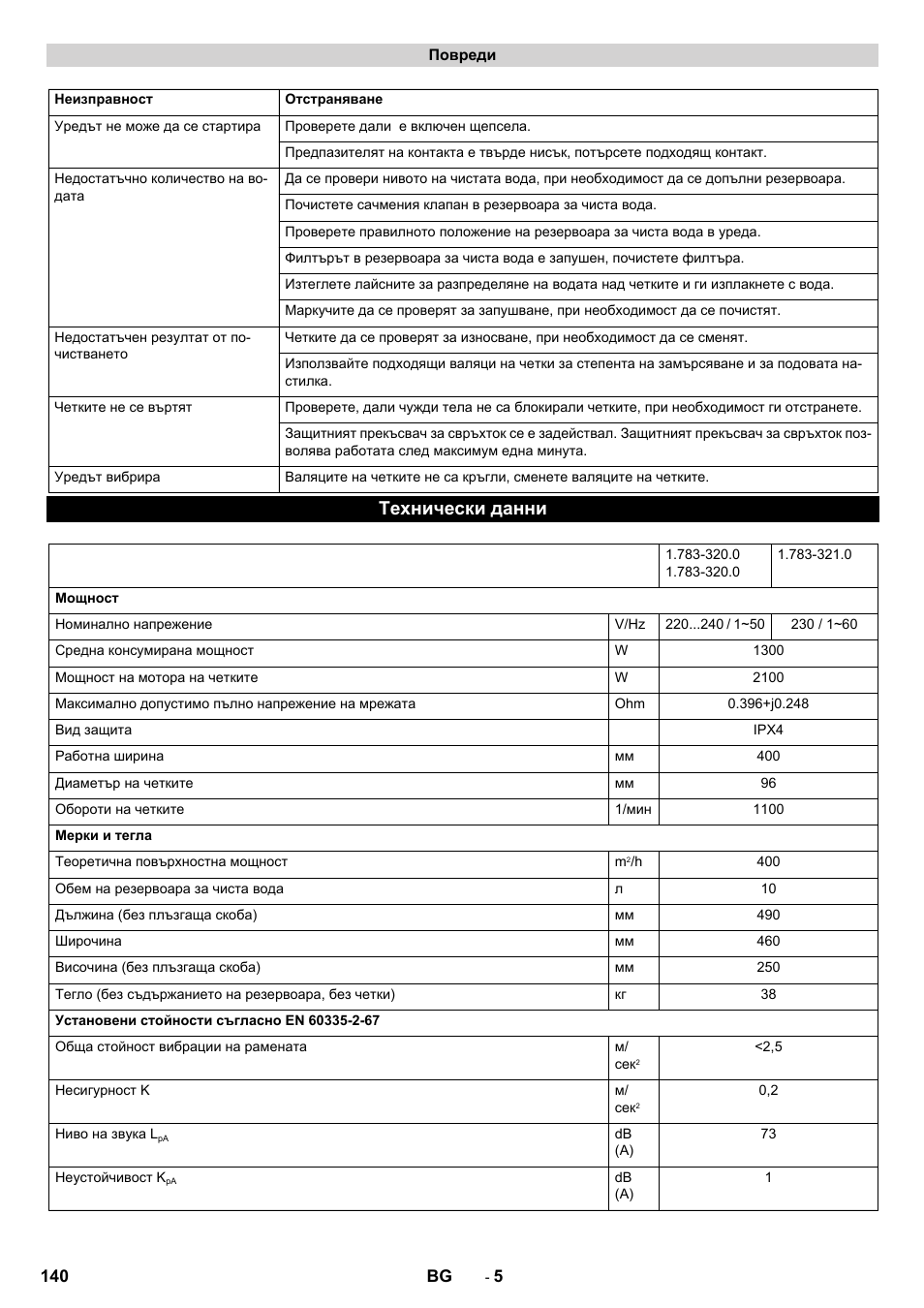 Технически данни | Karcher BRS 40-1000C EU User Manual | Page 140 / 168