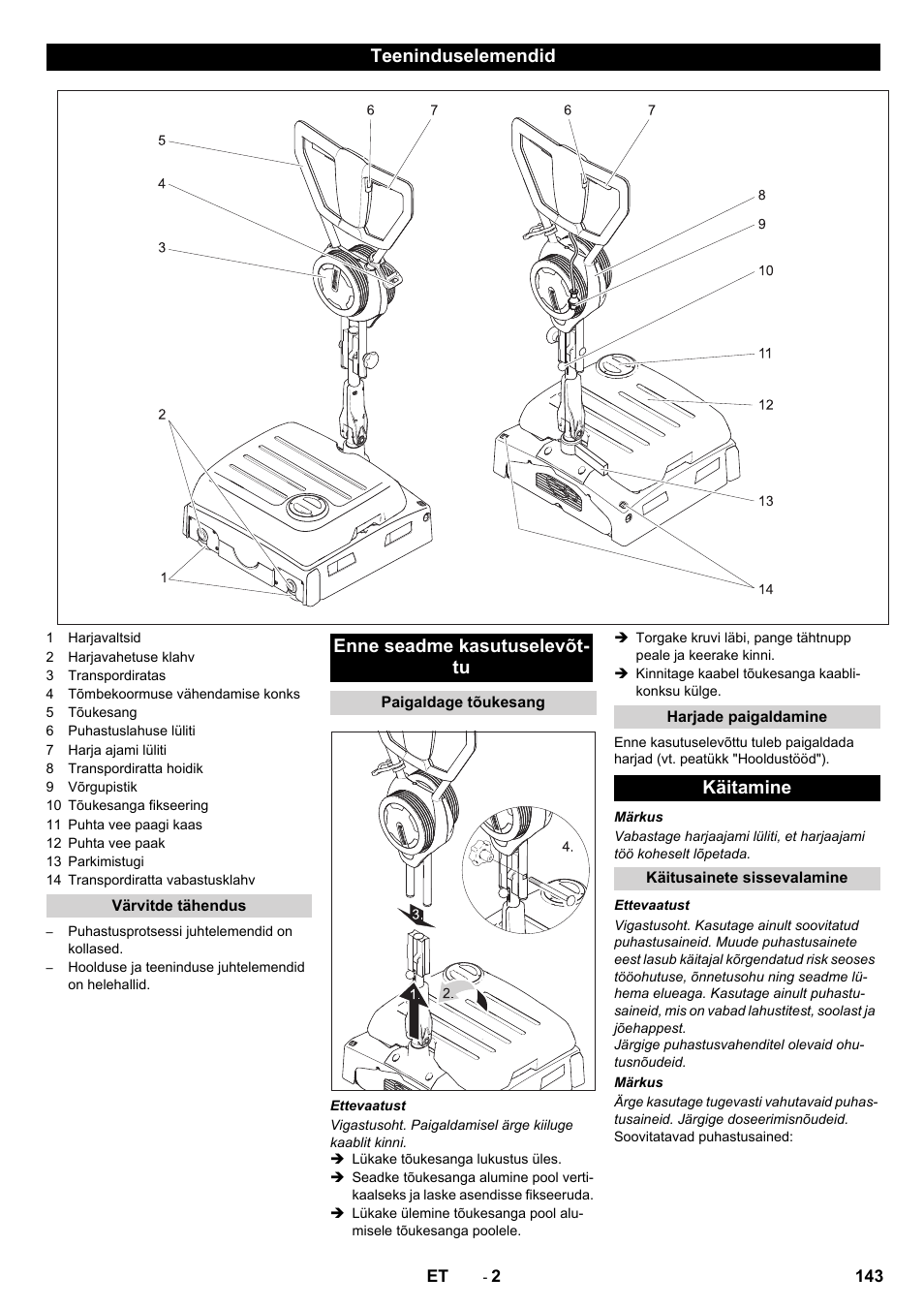 Teeninduselemendid, Enne seadme kasutuselevõt- tu, Käitamine | Karcher BRS 40-1000C EU User Manual | Page 143 / 168