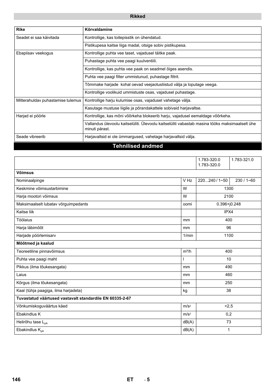 Tehnilised andmed | Karcher BRS 40-1000C EU User Manual | Page 146 / 168