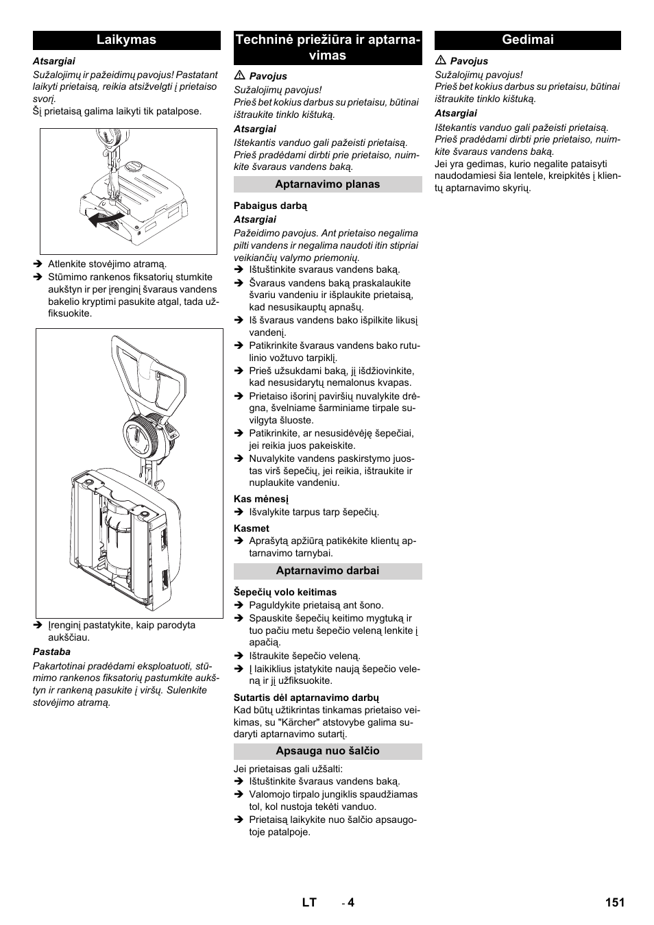 Laikymas techninė priežiūra ir aptarna- vimas, Gedimai | Karcher BRS 40-1000C EU User Manual | Page 151 / 168