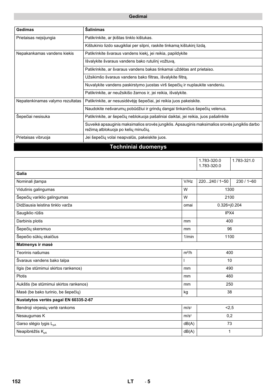 Techniniai duomenys | Karcher BRS 40-1000C EU User Manual | Page 152 / 168