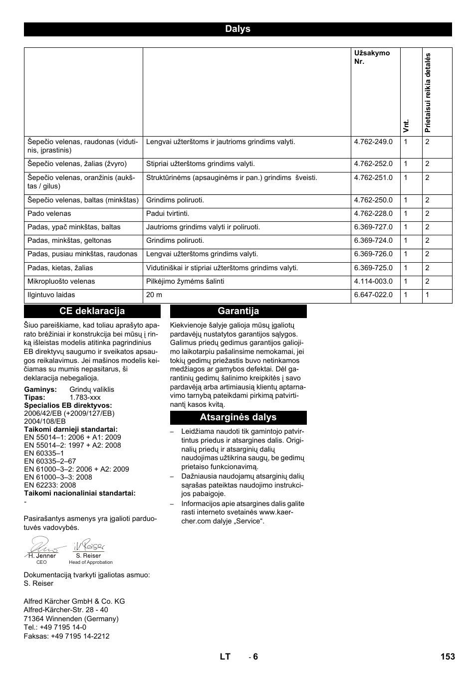 Dalys, Ce deklaracija, Garantija atsarginės dalys | Karcher BRS 40-1000C EU User Manual | Page 153 / 168