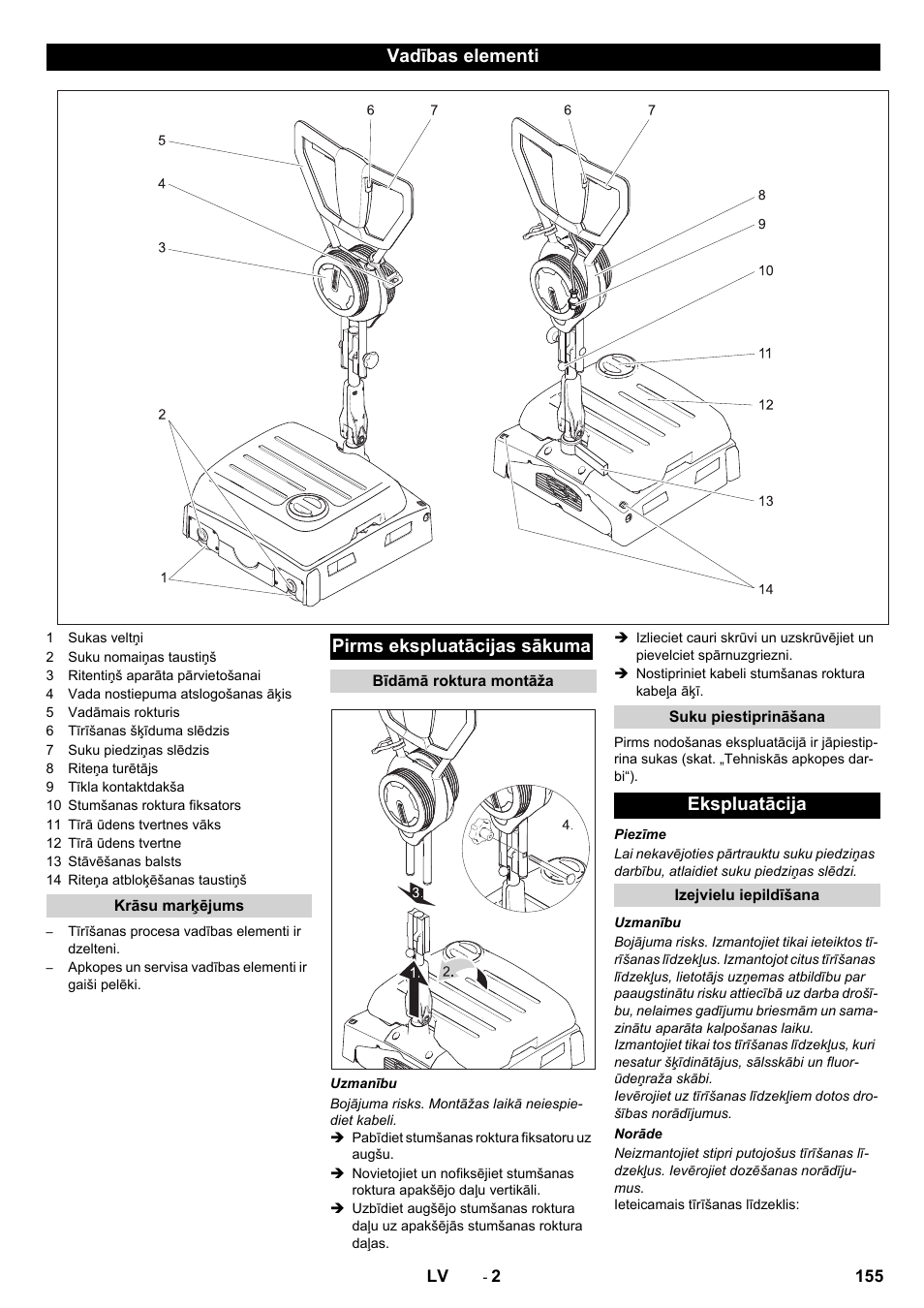 Vadības elementi, Pirms ekspluatācijas sākuma, Ekspluatācija | Karcher BRS 40-1000C EU User Manual | Page 155 / 168