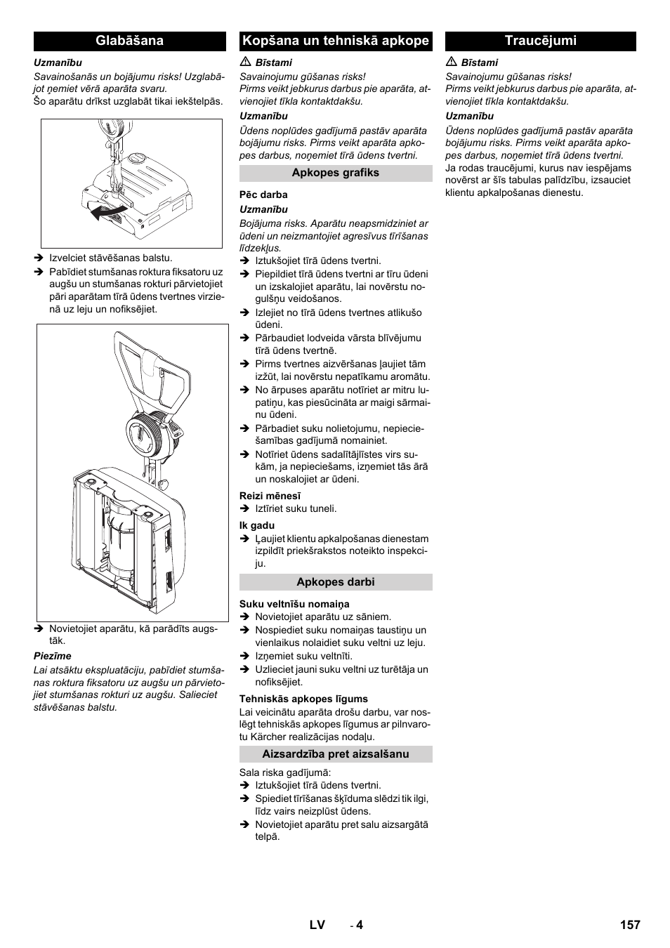 Glabāšana kopšana un tehniskā apkope, Traucējumi | Karcher BRS 40-1000C EU User Manual | Page 157 / 168