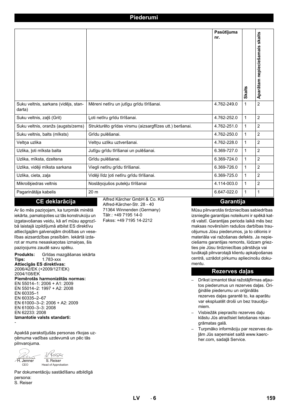 Piederumi, Ce deklarācija, Garantija rezerves daļas | Karcher BRS 40-1000C EU User Manual | Page 159 / 168