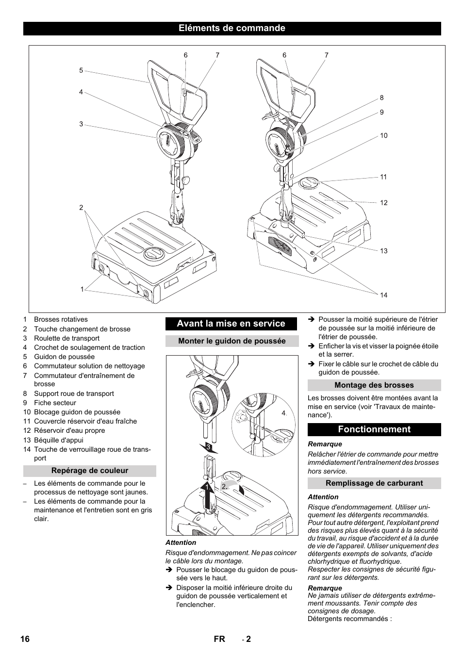 Eléments de commande, Avant la mise en service, Fonctionnement | Karcher BRS 40-1000C EU User Manual | Page 16 / 168